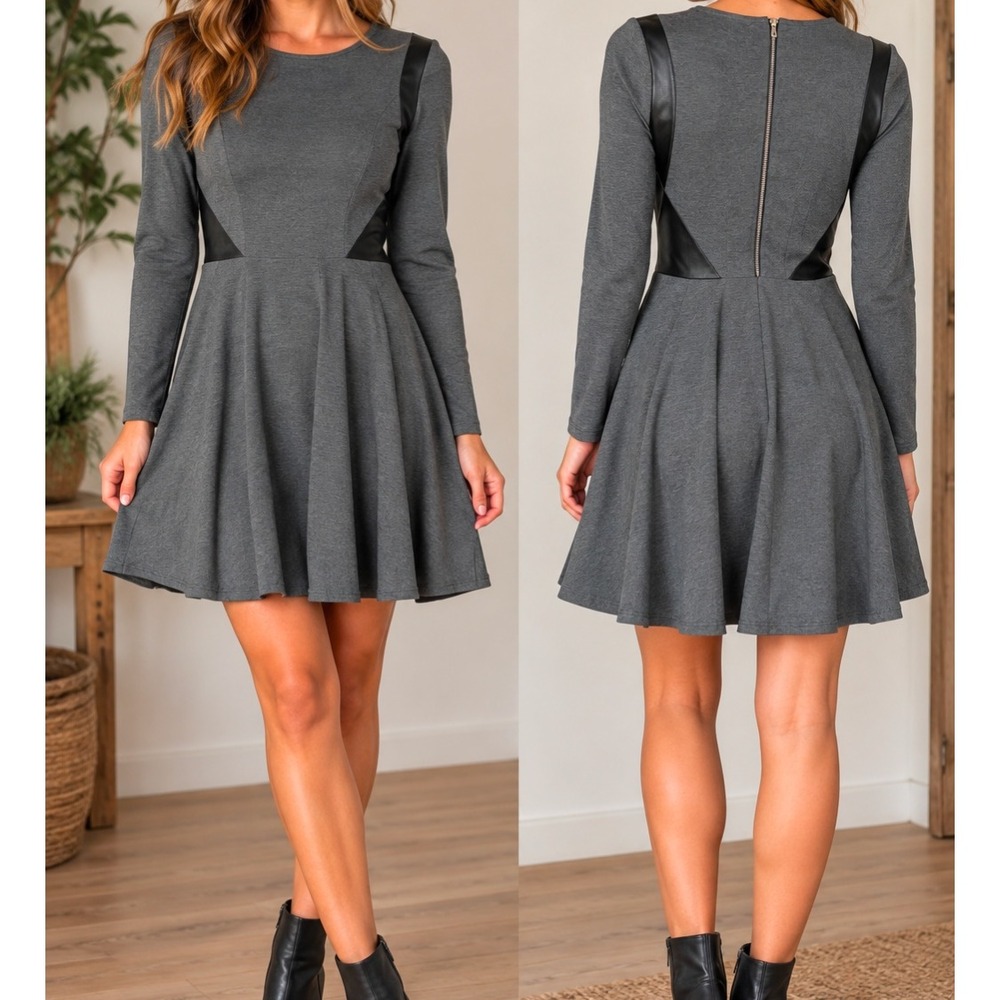 Line & Dot Grey Faux Leather Trim Fit & Flare Mini Dress Size M dark academia